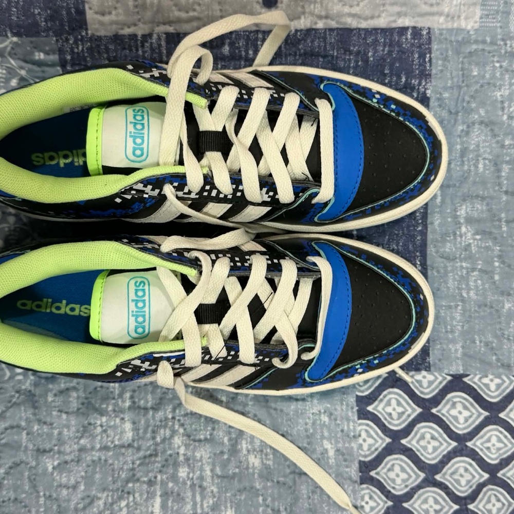 Adidas Kids Black and Blue Sneakers with Neon Accents